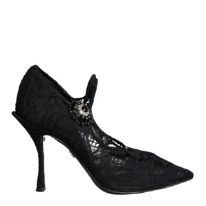 Dolce & Gabbana Black Mary Jane Pumps Lace Crystals Heels Shoes