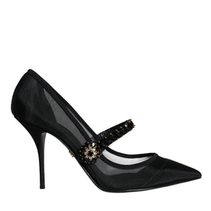 Dolce & Gabbana Black Mesh Mary Jane Crystal Heel Pumps Shoes