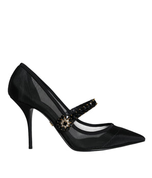 Dolce &amp; Gabbana Black Mesh Mary Jane Crystal Heel Pumps Shoes