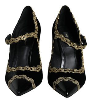 Dolce & Gabbana Black Mary Janes Velvet Gold Pumps Shoes