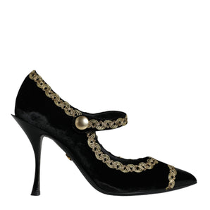 Dolce & Gabbana Black Mary Janes Velvet Gold Pumps Shoes