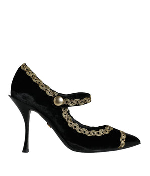 Dolce & Gabbana Black Mary Janes Velvet Gold Pumps Shoes
