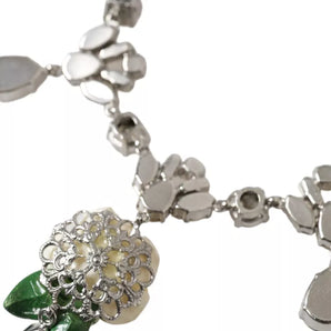 Dolce & Gabbana Silver Brass Clear Crystal Roses Pendants Necklace