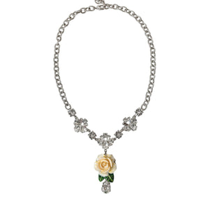 Silver Brass Clear Crystal Roses Pendants Necklace