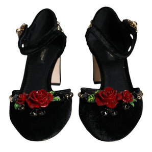 Dolce & Gabbana Black Velvet Roses Ankle Strap Pumps Shoes