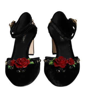 Dolce & Gabbana Black Velvet Roses Ankle Strap Pumps Shoes