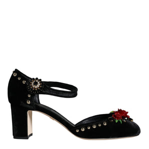 Dolce & Gabbana Black Velvet Roses Ankle Strap Pumps Shoes