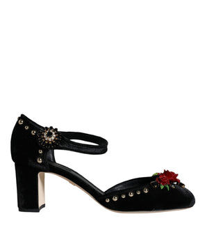 Dolce & Gabbana Black Velvet Roses Ankle Strap Pumps Shoes