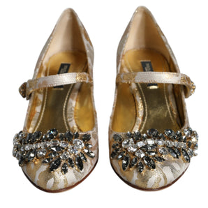 Dolce & Gabbana Gold Jacquard Crystal Mary Janes Pumps Shoes