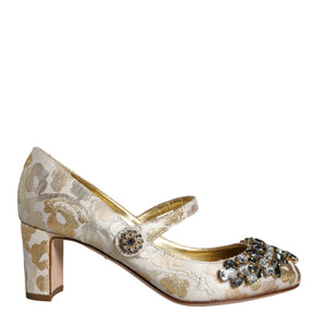 Dolce & Gabbana Gold Jacquard Crystal Mary Janes Pumps Shoes