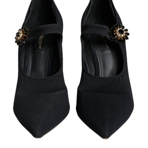 Dolce & Gabbana Black Mary Jane Jersey Crystal Pumps Shoes