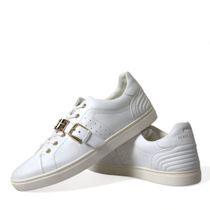 Dolce & Gabbana White Leather Gold Buckle Sneakers Shoes