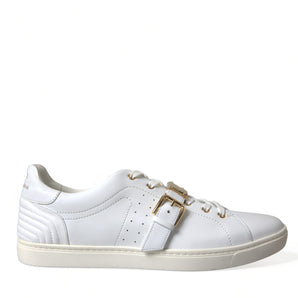 Dolce & Gabbana White Leather Gold Buckle Sneakers Shoes