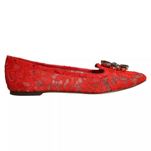 Dolce & Gabbana Red Lace Crystal Ballet Flats Loafers Shoes