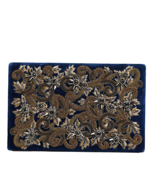 Dolce & Gabbana Blue Velvet Gold Frame Clutch Evening Party Purse Bag
