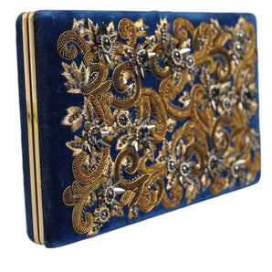 Dolce & Gabbana Blue Velvet Gold Frame Clutch Evening Party Purse Bag