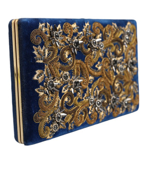 Dolce & Gabbana Blue Velvet Gold Frame Clutch Evening Party Purse Bag