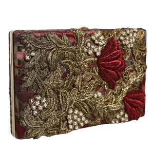 Dolce & Gabbana Maroon Gold Floral Jacquard Gold Frame Clutch Evening Purse Bag