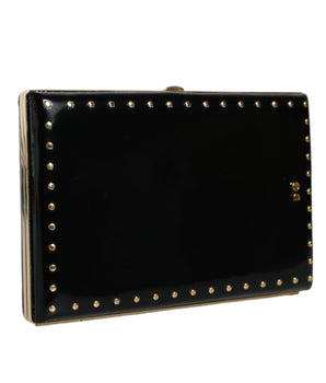 Dolce & Gabbana Black Leather Studs Gold Frame Clutch Evening Purse Bag