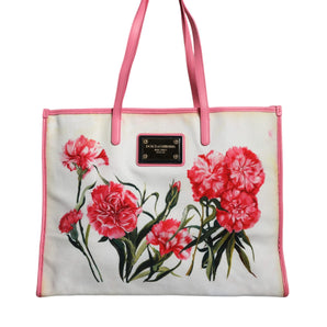 Dolce & Gabbana White Canvas Rose Embroidery Women Shopping Tote Bag