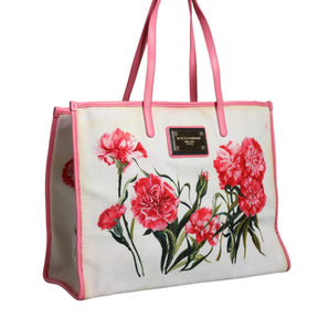 Dolce & Gabbana White Canvas Rose Embroidery Women Shopping Tote Bag