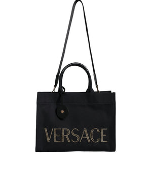 Versace Black Top Handle Canvas Leather Logo Crossbody Tote Bag