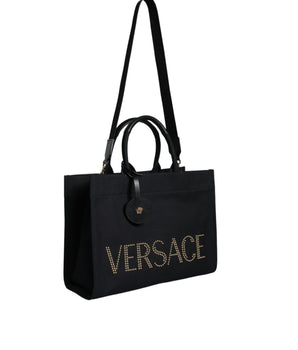 Versace Black Top Handle Canvas Leather Logo Crossbody Tote Bag