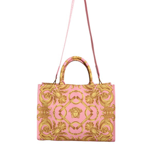 Versace Pink Printed Large Fabric Leather Shopping Tote Bag