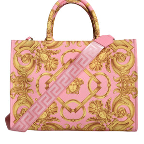 Versace Pink Printed Large Fabric Leather Shopping Tote Bag