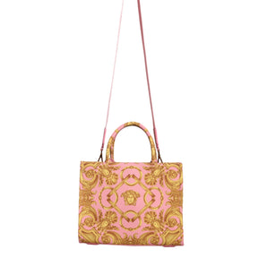 Versace Pink Yellow Baroque Fabric Leather Shopping Tote Bag