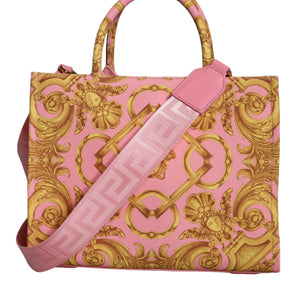 Versace Pink Yellow Baroque Fabric Leather Shopping Tote Bag