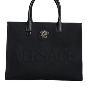 Versace Black Top Handle Canvas Leather Logo Shopping Tote Bag