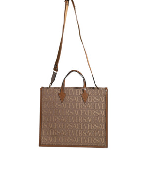 Versace Brown Top Handle Jacquard Leather Logo Crossbody Tote Bag