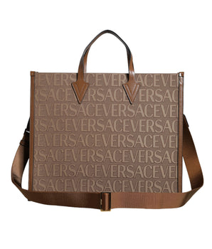 Versace Brown Top Handle Jacquard Leather Logo Crossbody Tote Bag