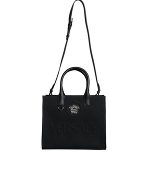 Versace Black Top Handle Canvas Leather Logo Crossbody Tote Bag