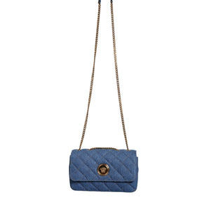 Versace Blue Quilted Denim Leather Crossbody Shoulder Bag