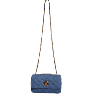 Versace Blue Quilted Denim Leather Crossbody Shoulder Bag