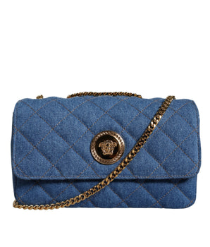 Versace Blue Quilted Denim Leather Crossbody Shoulder Bag