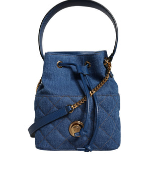 Versace Blue Quilted Denim Leather Crossbody Shoulder Bag