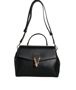 Versace Black Top Handle Grainy Calfskin Leather Crossbody Bag