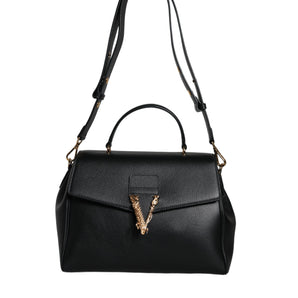 Versace Bolso bandolera de piel de becerro granulada con asa superior negra