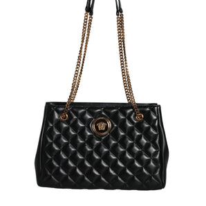 Versace Bolso de hombro con correa de cadena y piel de napa acolchada en negro