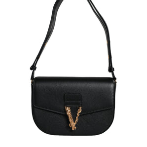 Versace Black Grainy Calf Leather Logo Crossbody Shoulder Bag