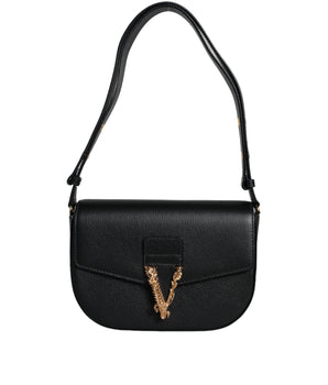 Versace Black Grainy Calf Leather Logo Crossbody Shoulder Bag