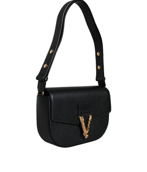 Versace Black Grainy Calf Leather Logo Crossbody Shoulder Bag
