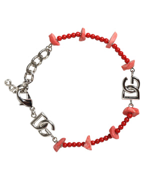 Dolce &amp; Gabbana Pulsera de cadena con logotipo DG de resina con cuentas de latón en tono plateado