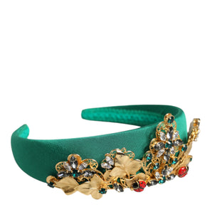 Dolce & Gabbana Green Silk Crystal Embellished Tiara Headband Crown Diadem