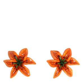 Dolce & Gabbana Orange Green Gold Brass Lily Flower Clip Floral Earrings