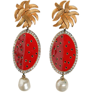 Dolce & Gabbana Red Watermelon Gold Brass Crystal Clip Dangling Earrings