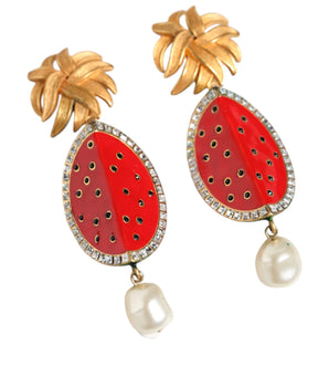 Dolce & Gabbana Red Watermelon Gold Brass Crystal Clip Dangling Earrings